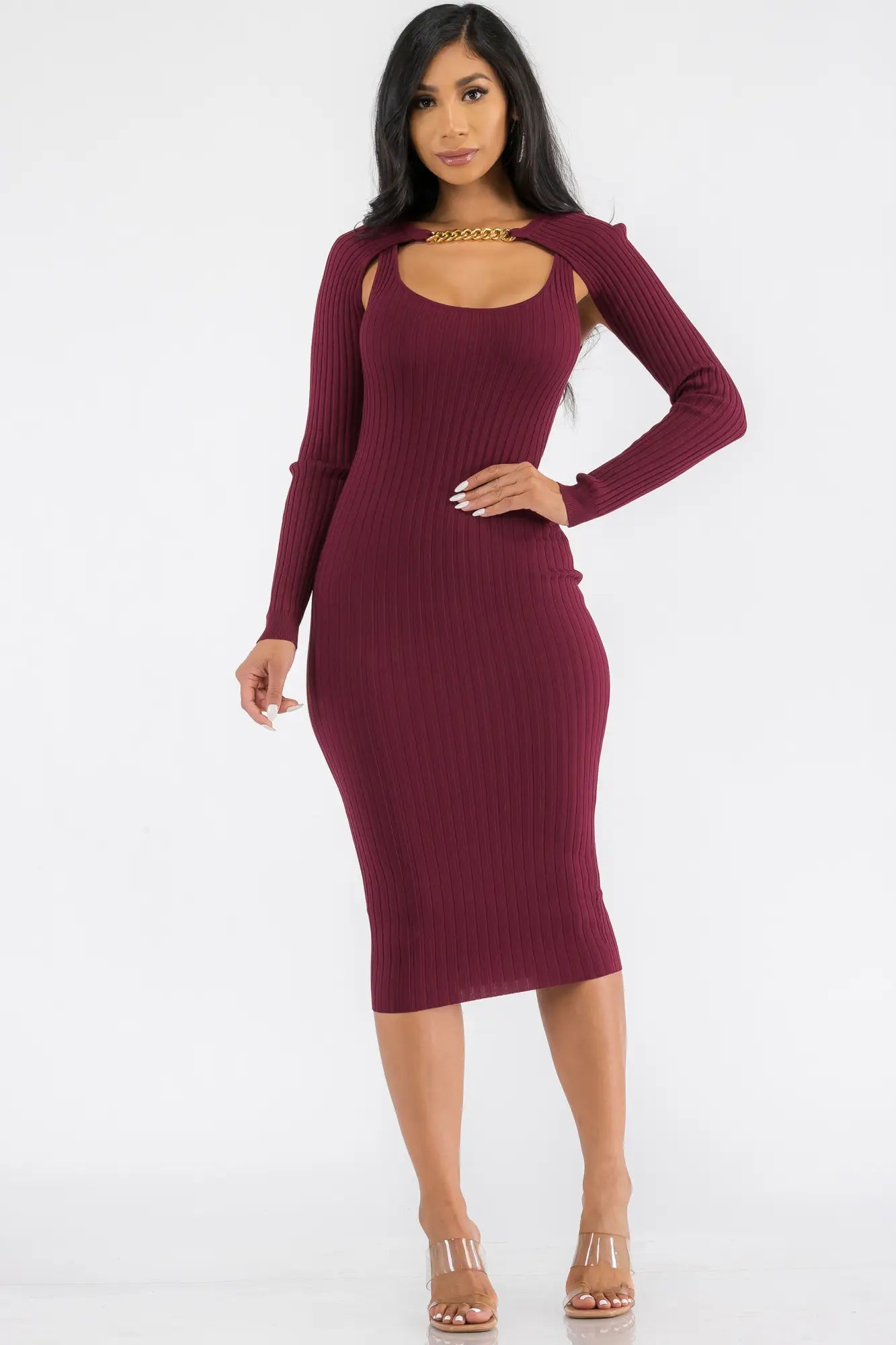 2PC Long Sleeve Crop Sweater and Dress in Burgundy