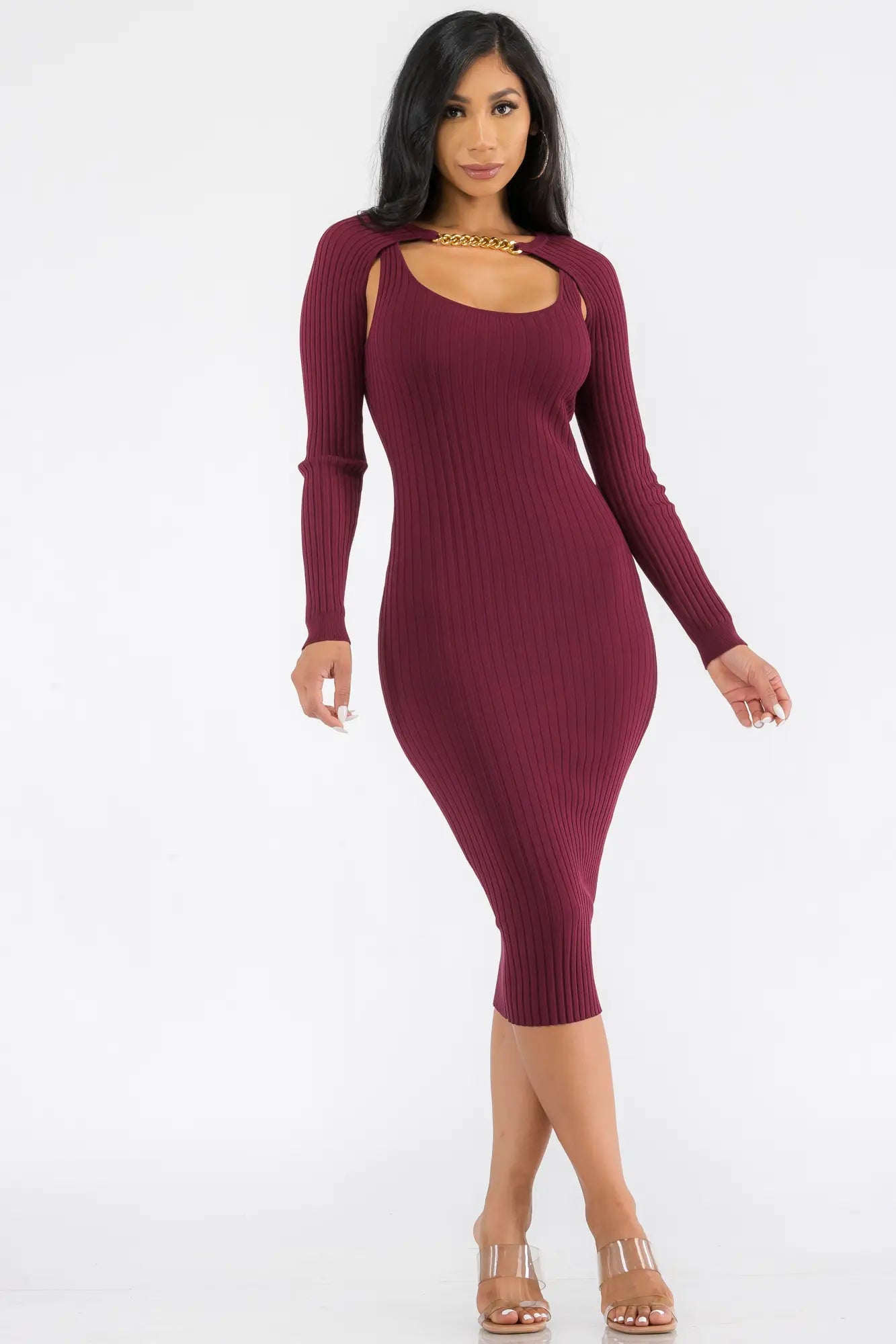 2PC Long Sleeve Crop Sweater and Dress in Burgundy