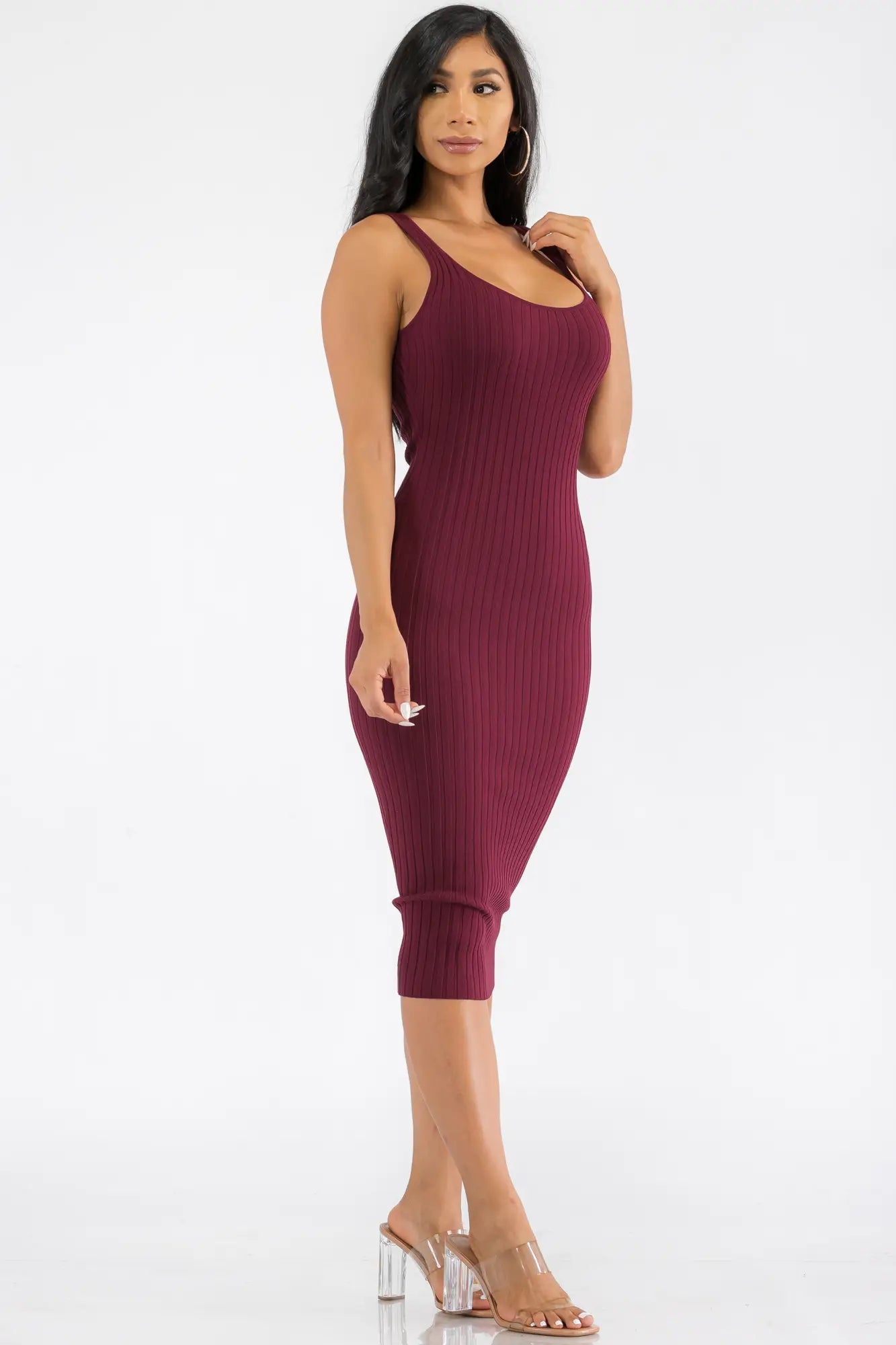 2PC Long Sleeve Crop Sweater and Dress in Burgundy