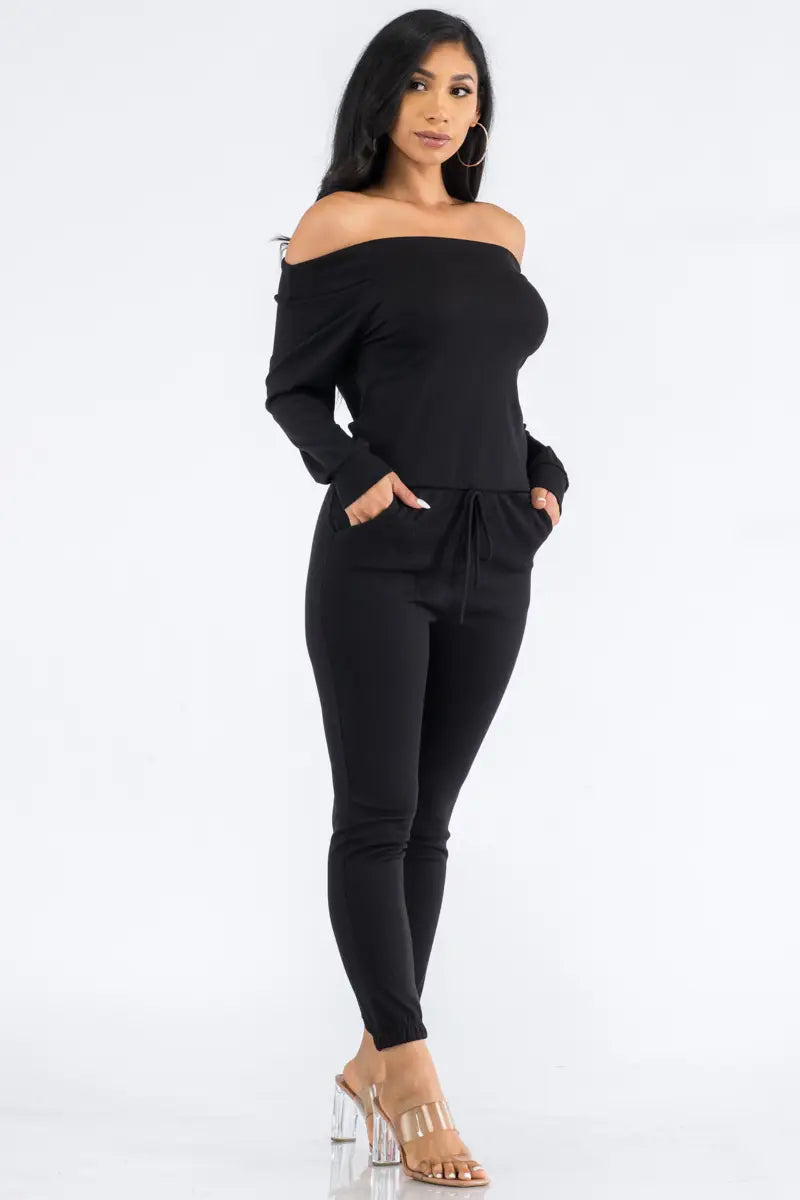 Off Shoulder Long Sleeve Jumpsuit in Black