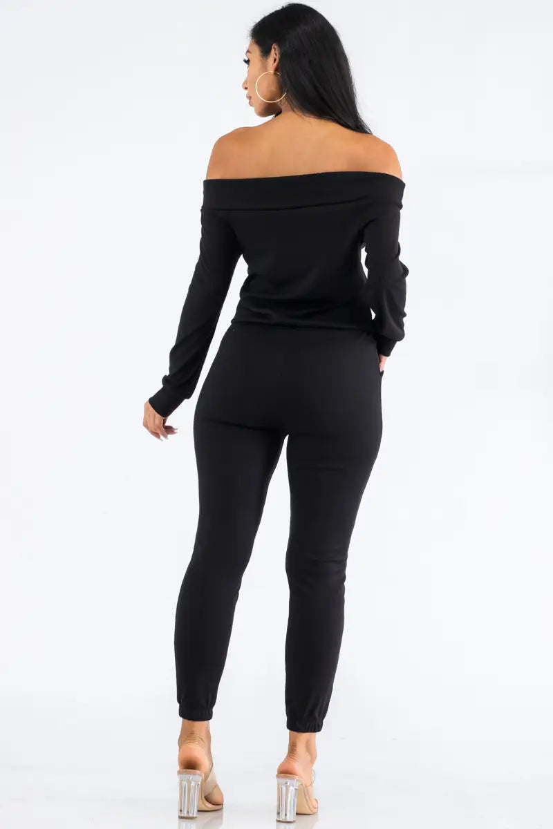 Off Shoulder Long Sleeve Jumpsuit in Black