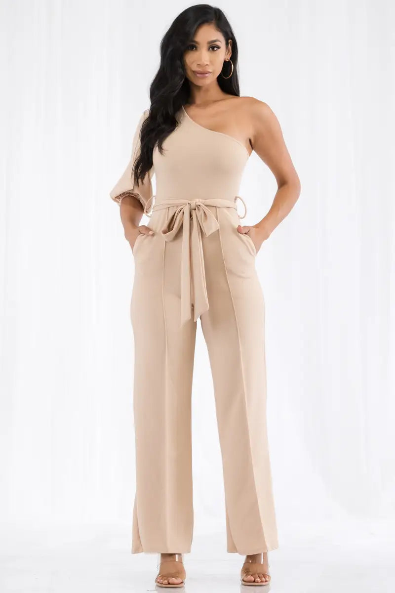 One Shoulder Jumpsuit in Nude