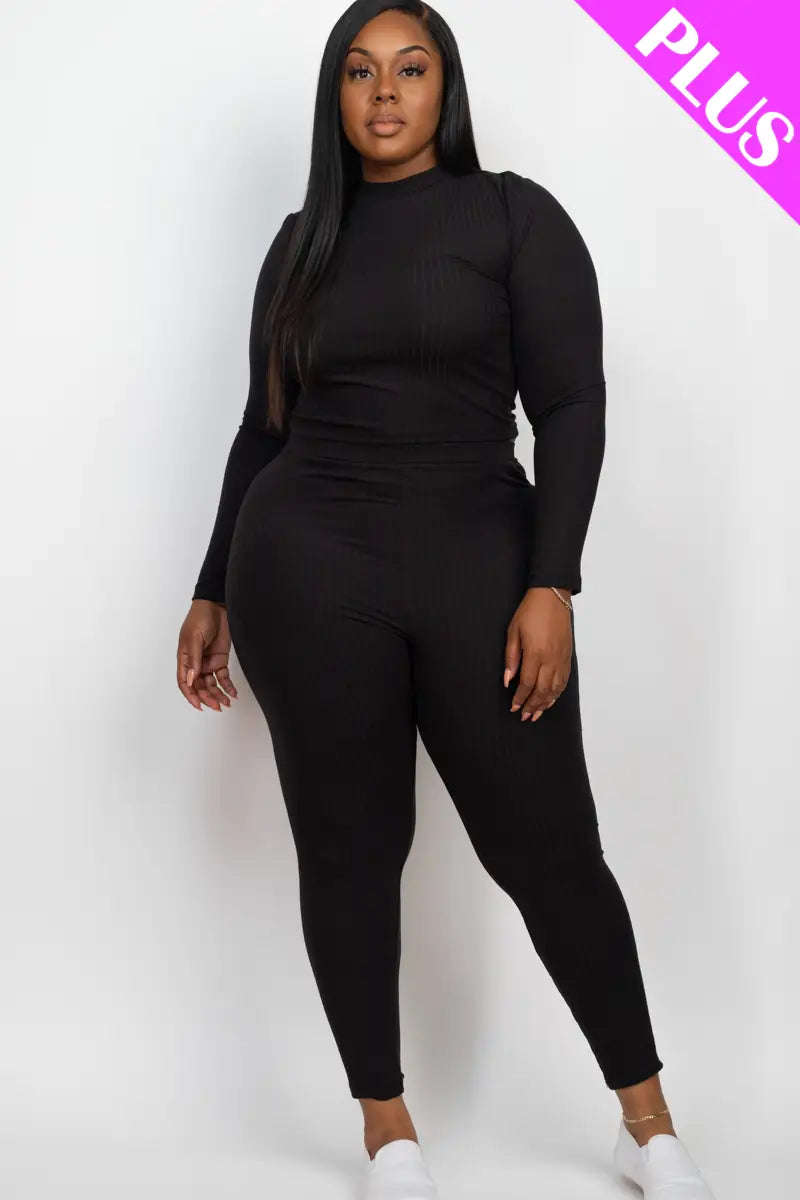 Ribbed Mock Neck Long Sleeve Top & Leggings Set in Black