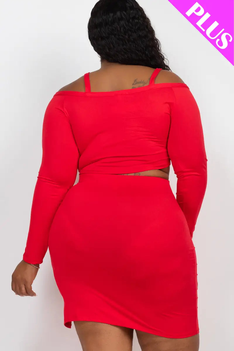 Ruched Drawstring Off Shoulder & Side Slit Skirt Set in Red
