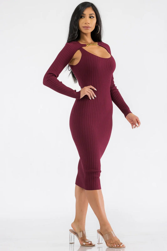 2PC Long Sleeve Crop Sweater and Dress in Burgundy