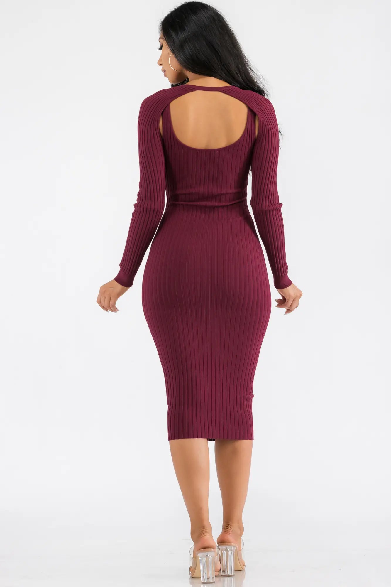 2PC Long Sleeve Crop Sweater and Dress in Burgundy
