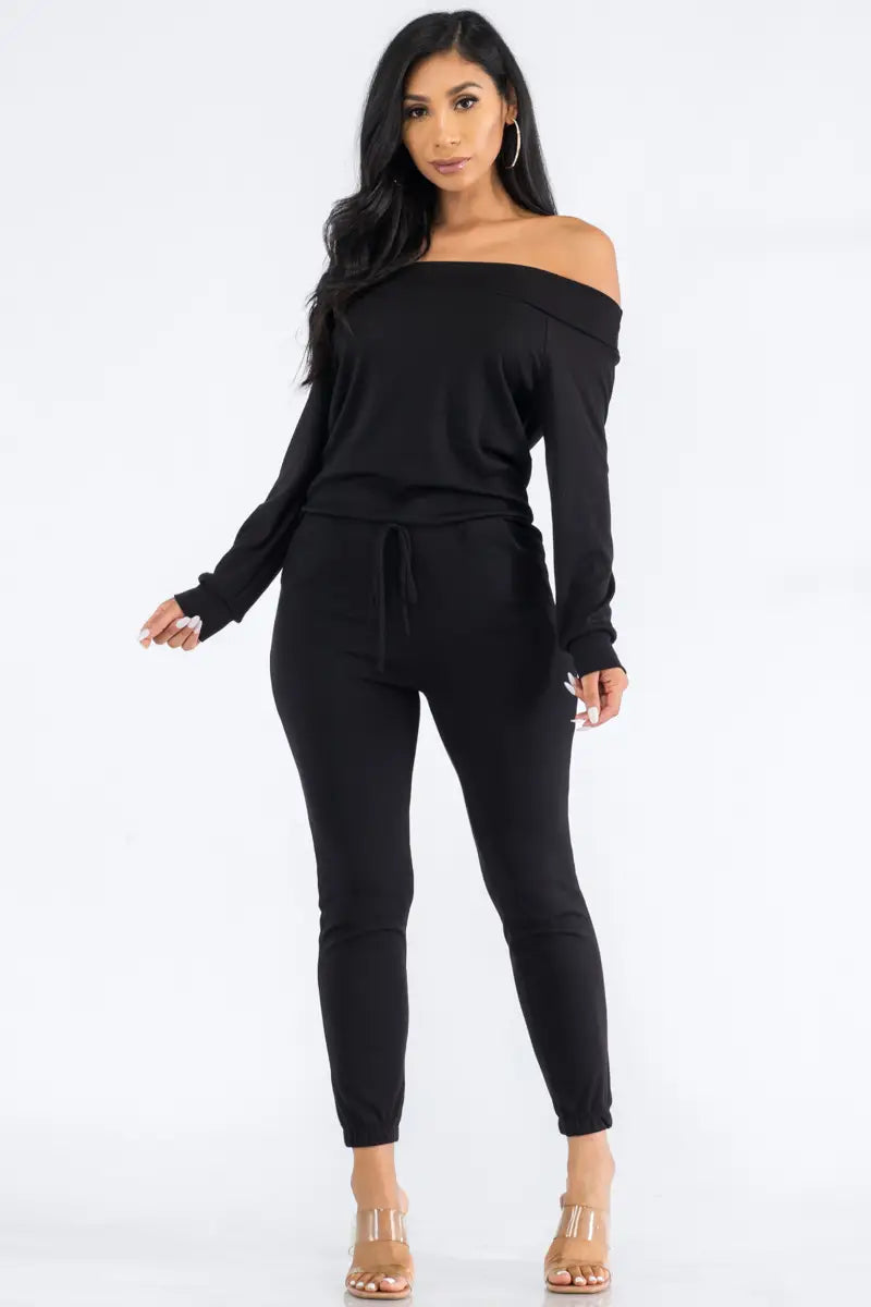 Off Shoulder Long Sleeve Jumpsuit in Black