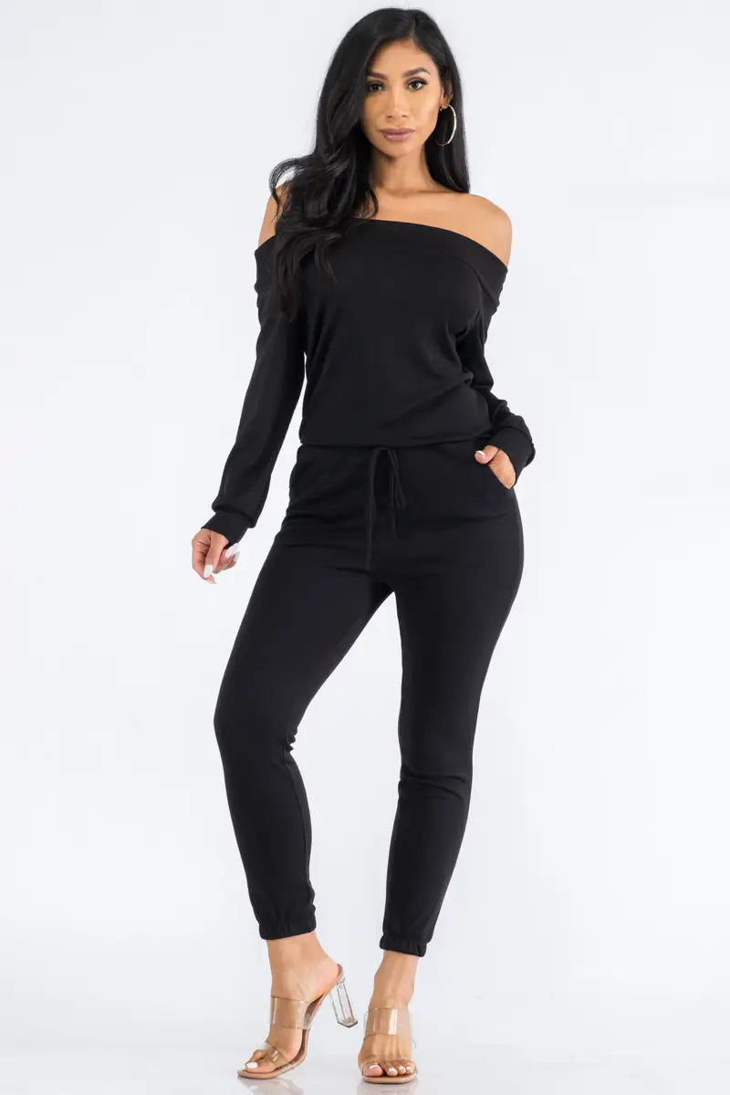 Off Shoulder Long Sleeve Jumpsuit in Black