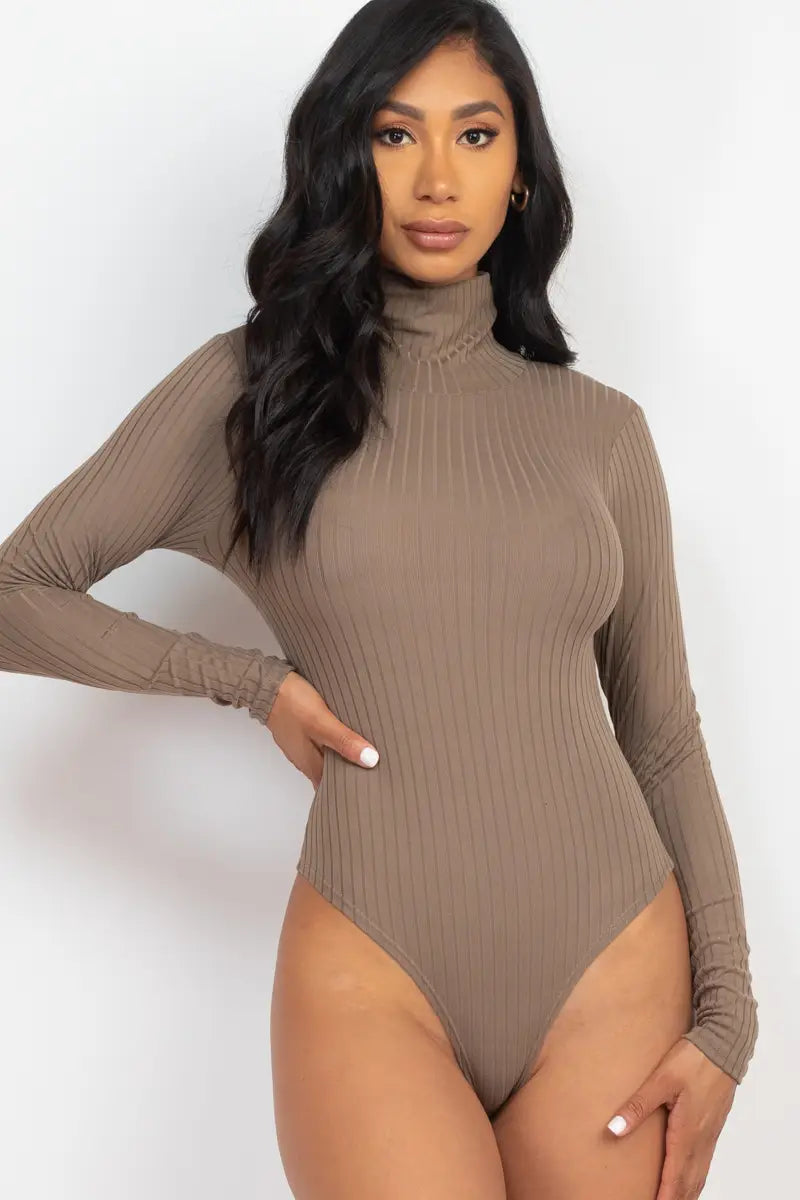 Turtle Neck Long Sleeve Bodysuit in Taupe